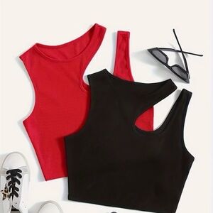 Amazon Red and Black Ribbed Asymmetric Crop Tank Top Set